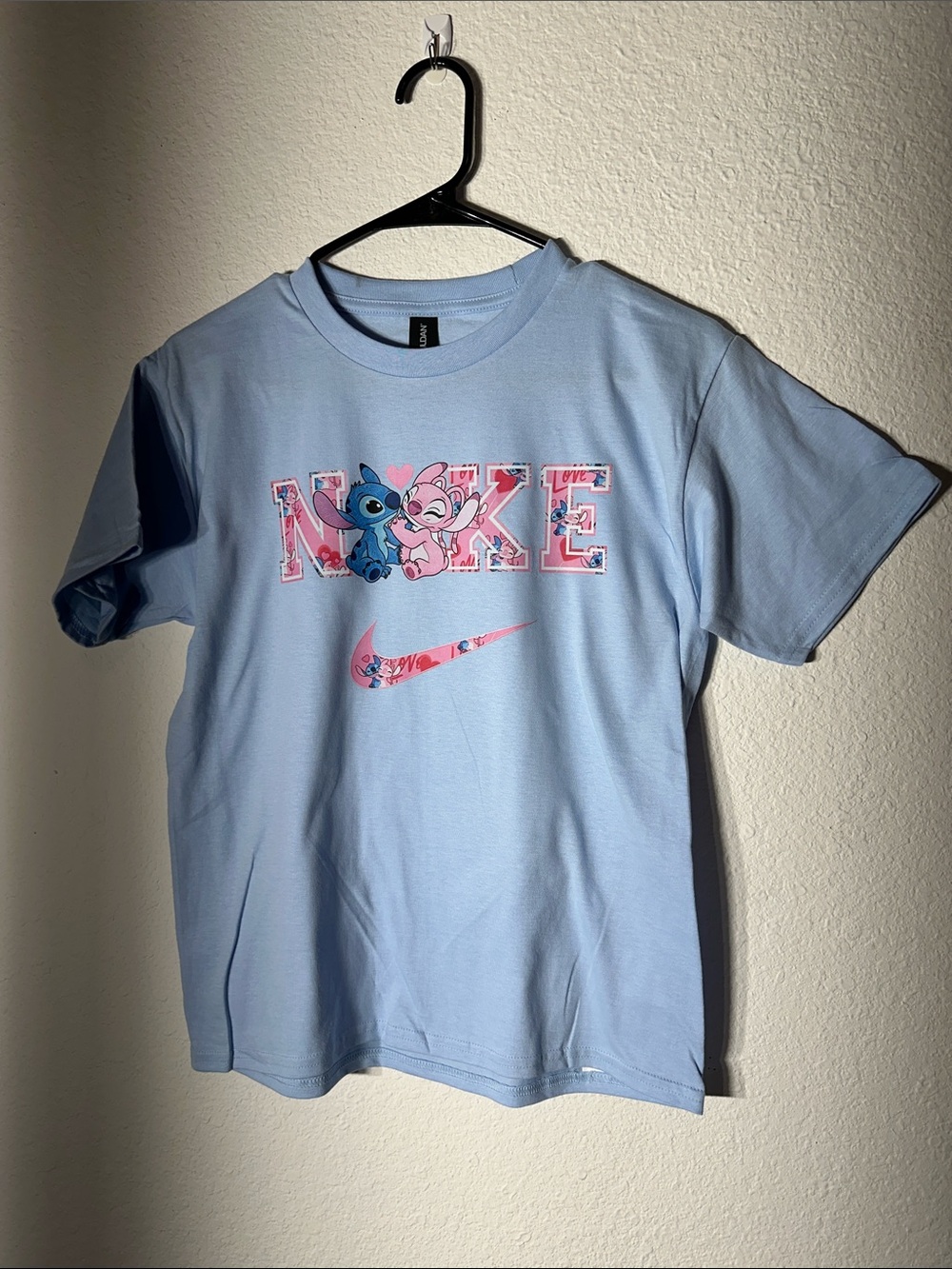 Gildan Light Blue Kids Tee with Stitch & Angel Graphic